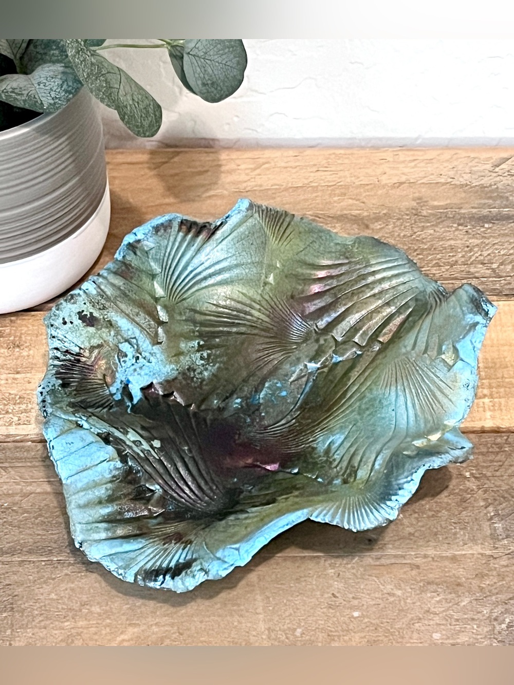 Gregg Neal Signed Raku Studio Art Pottery Leaf Bowl Verdigris Iridescent 10"